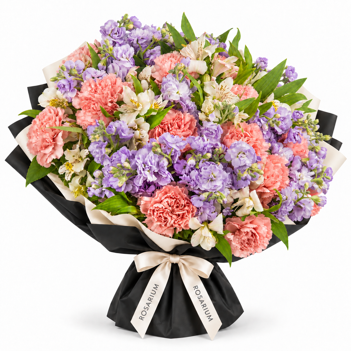 Lilac Confetti — Lilac stock, coral-pink carnations and cream alstroemeria with fresh green foliage in Rosarium’s black-and-ivory wrapping