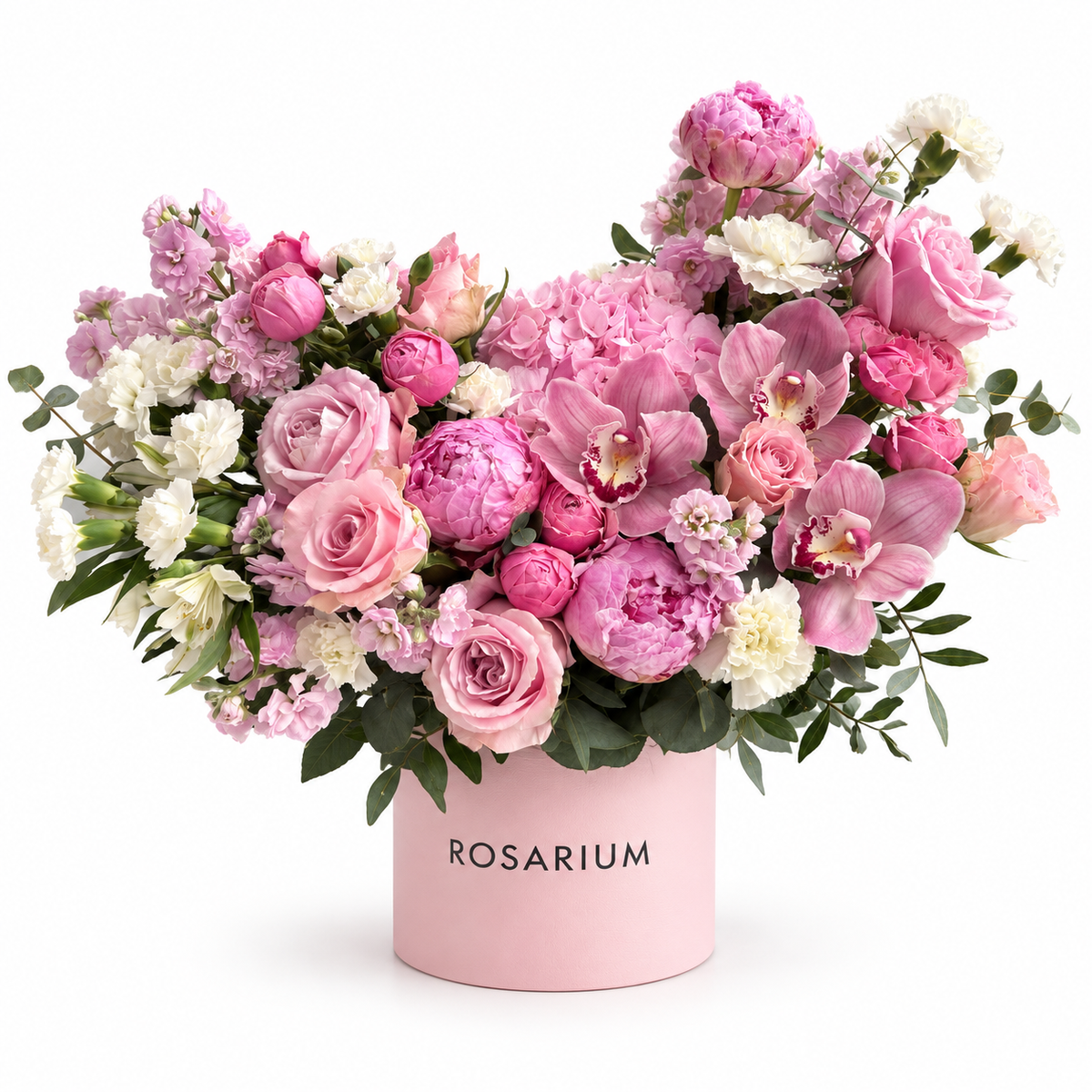 Orchid Poise — Pink orchids, peonies, roses and hydrangea with ivory carnations, pale stock and fresh greenery, arranged in a blush Rosarium box