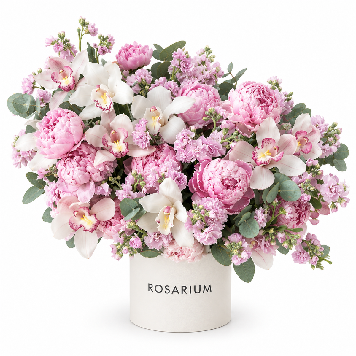 Peony Poetry — Ruffled pink peonies, ivory and blush orchids, pale pink stock and carnations with eucalyptus in an ivory Rosarium box