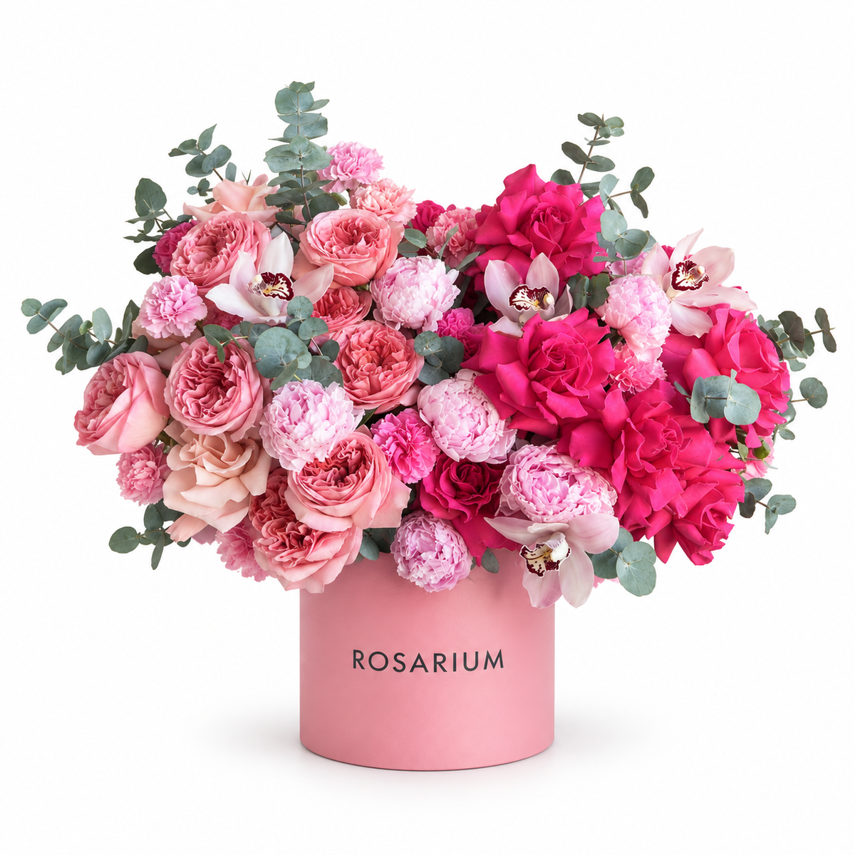 Rosy Gala — Hot-pink and blush roses, pink chrysanthemums and pale orchids, framed by eucalyptus in a rose-pink Rosarium box
