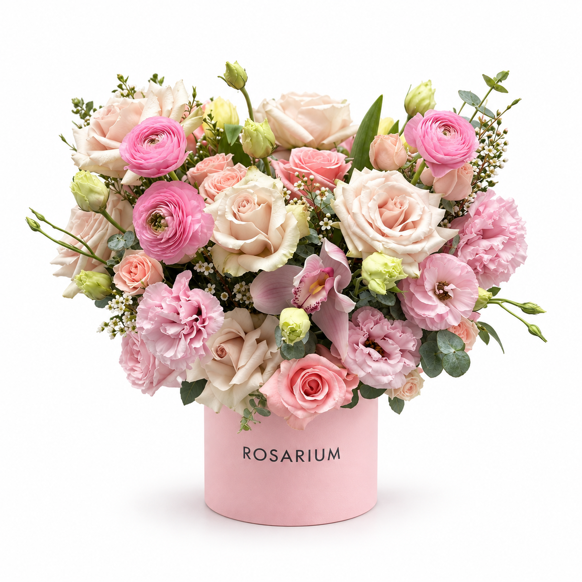 Rosy Rendezvous — Blush and ivory roses, bright pink ranunculus and ruffled lisianthus with a mauve orchid and eucalyptus in a pink box
