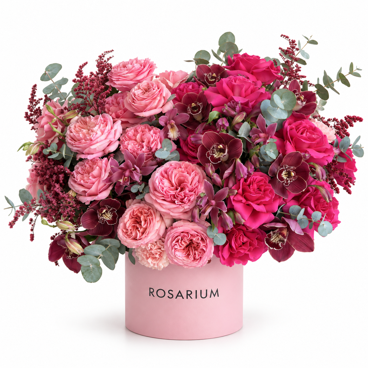 Velvet Duet — Burgundy orchids, coral-pink roses and deep pink blooms with fine seasonal accents and eucalyptus in an antique-rose Rosarium box