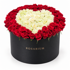 Heart in Contrast Grand: red roses surrounding an ivory rose heart in a black Rosarium flower box