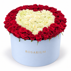 Heart in Contrast Grand: red roses surrounding an ivory rose heart in a blue Rosarium flower box