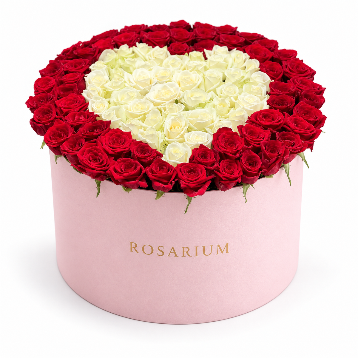 Heart in Contrast Grand: red roses surrounding an ivory rose heart in a light pink Rosarium flower box