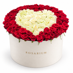 Heart in Contrast Grand: red roses surrounding an ivory rose heart in an off-white Rosarium flower box