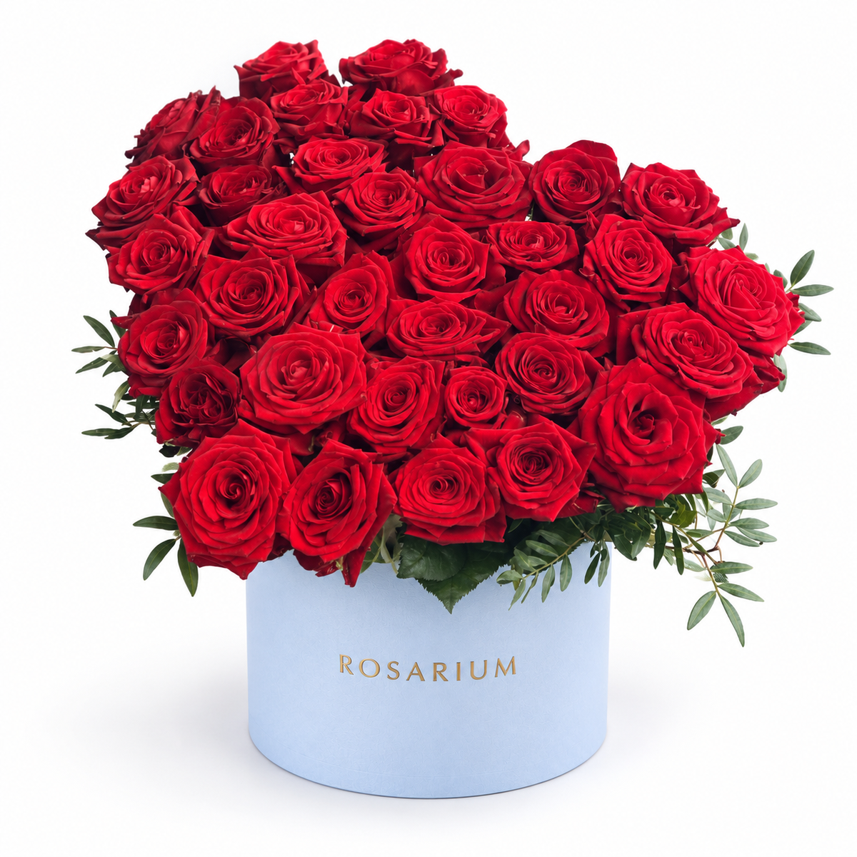 Heart in Red: red roses arranged as a heart in a blue Rosarium flower box