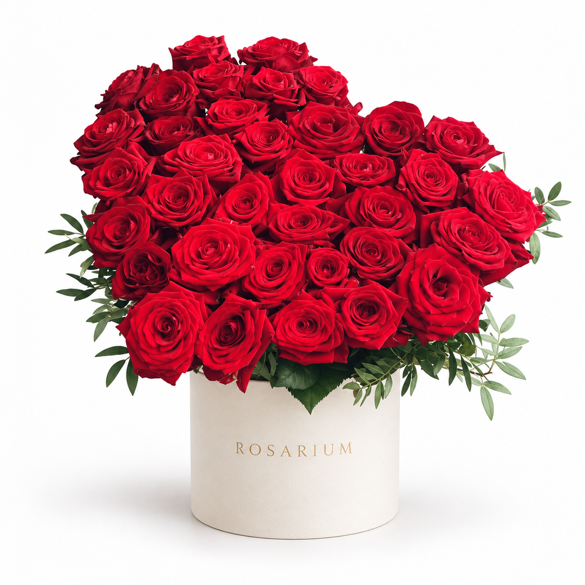 Heart in Red: red roses arranged as a heart in an off-white Rosarium flower box