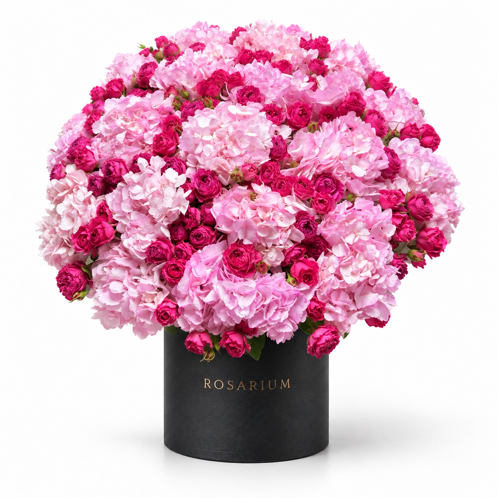 Hydrangea Drama: pink hydrangea and pink spray roses in a black Rosarium flower box