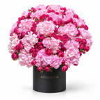 Hydrangea Drama: pink hydrangea and pink spray roses in a black Rosarium flower box