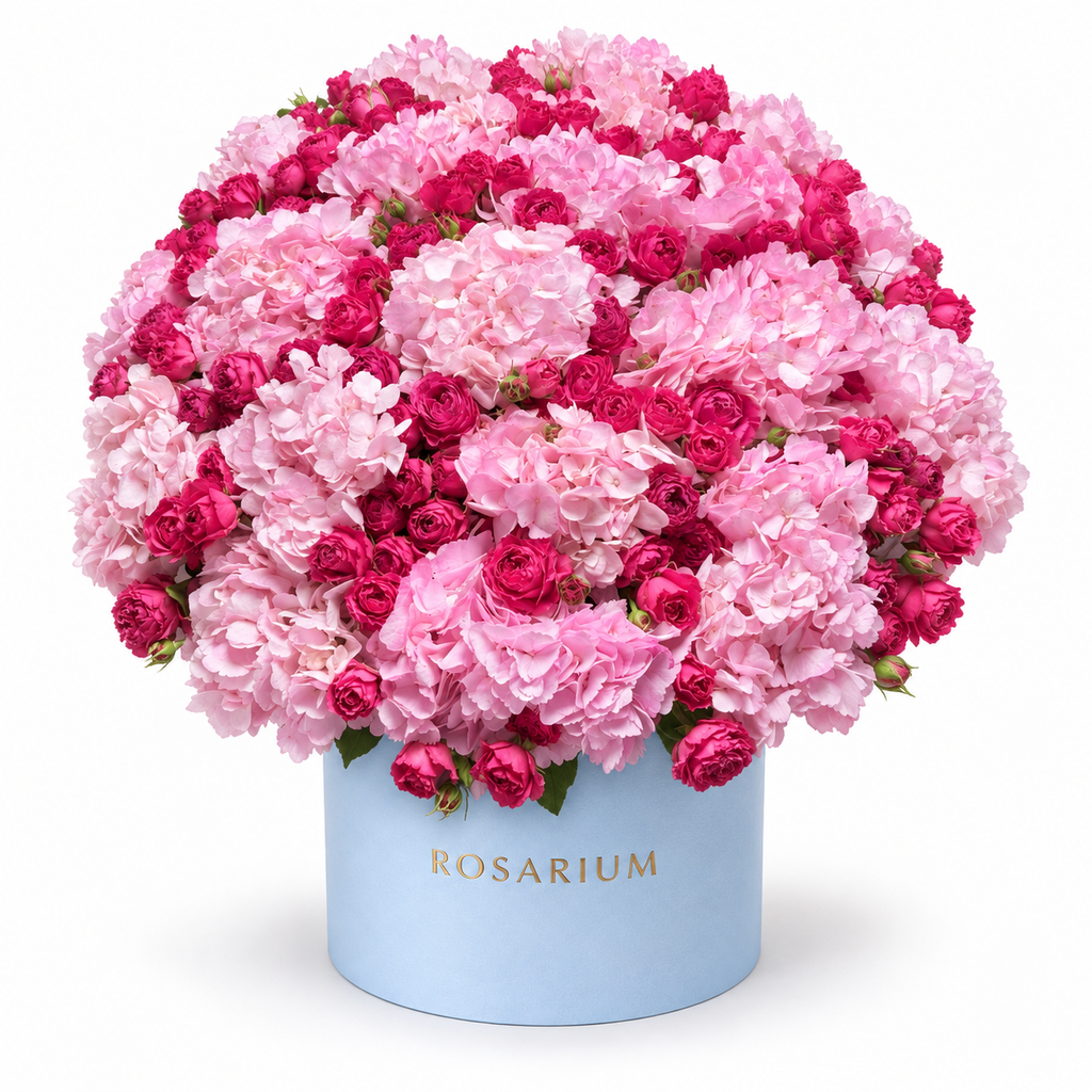 Hydrangea Drama: pink hydrangea and pink spray roses in a blue Rosarium flower box