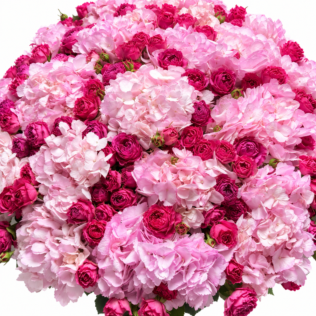 Hydrangea Drama: close-up of pink hydrangea and pink spray roses