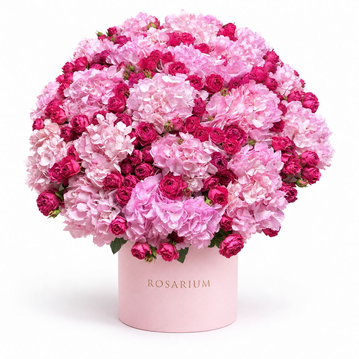 Hydrangea Drama: pink hydrangea and pink spray roses in a light pink Rosarium flower box
