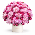 Hydrangea Drama: pink hydrangea and pink spray roses in an off-white Rosarium flower box