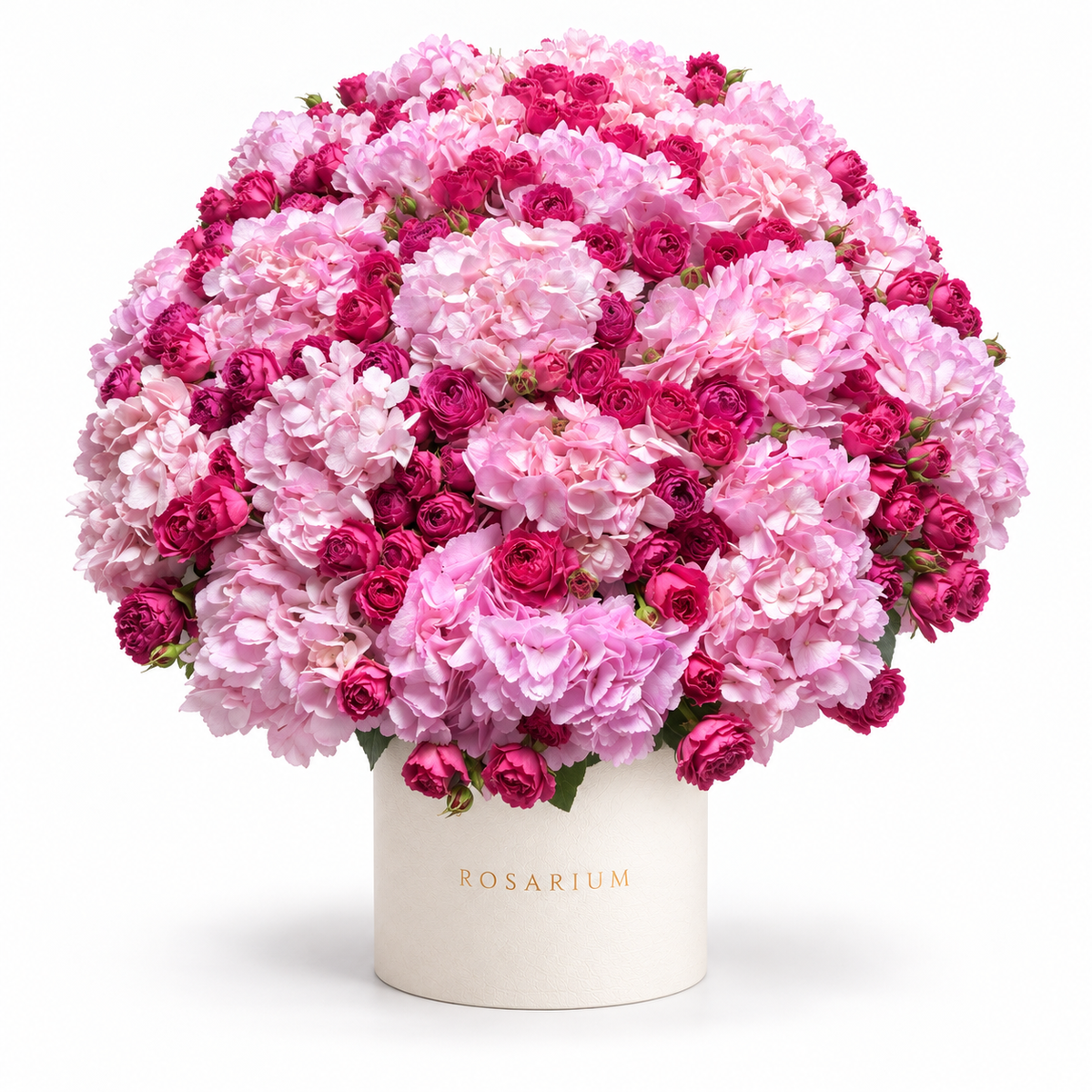 Hydrangea Drama: pink hydrangea and pink spray roses in an off-white Rosarium flower box