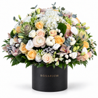 Ivory & Moss: white hydrangea, cream roses, cotton and a green moss accent in a black Rosarium flower box