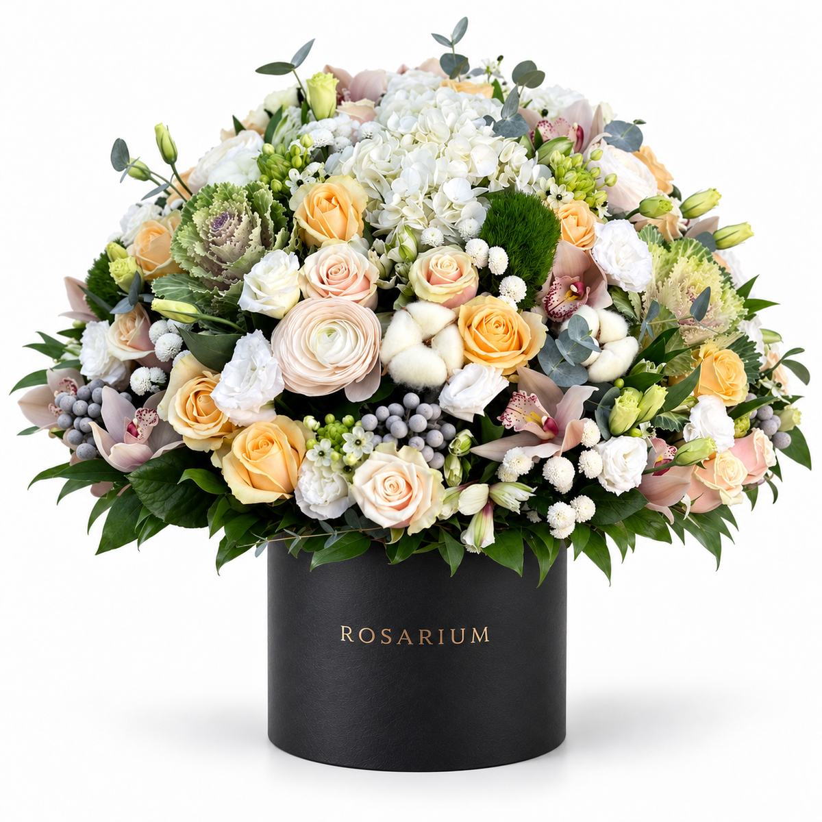 Ivory & Moss: white hydrangea, cream roses, cotton and a green moss accent in a black Rosarium flower box