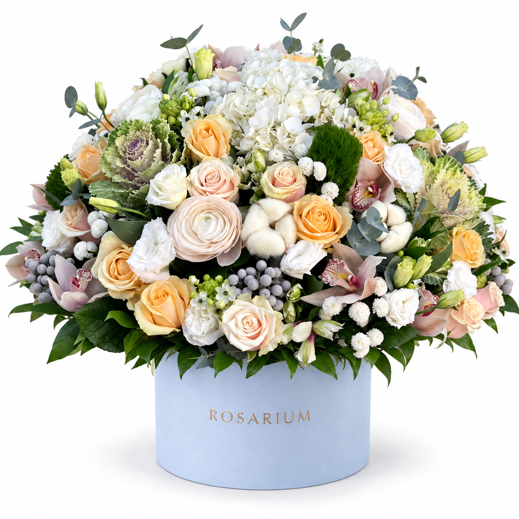 Ivory & Moss: white hydrangea, cream roses, cotton and a green moss accent in a blue Rosarium flower box
