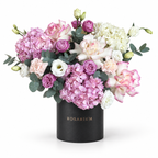 Lilac Royalty: pink and white hydrangea, lilac roses and cream flowers in a black Rosarium flower box