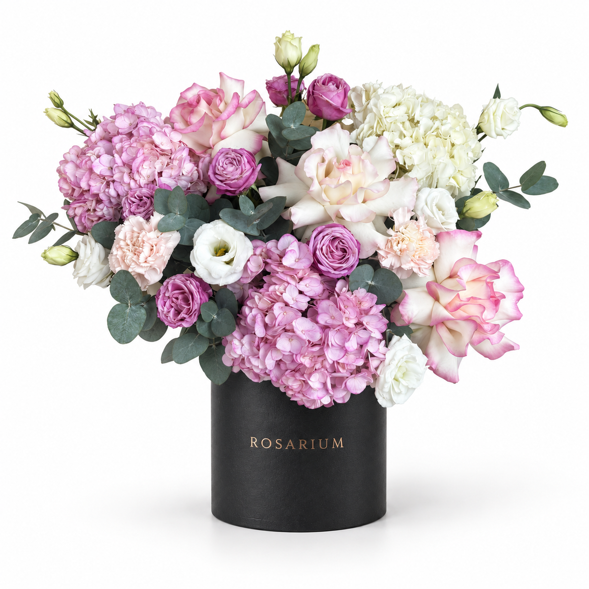 Lilac Royalty: pink and white hydrangea, lilac roses and cream flowers in a black Rosarium flower box