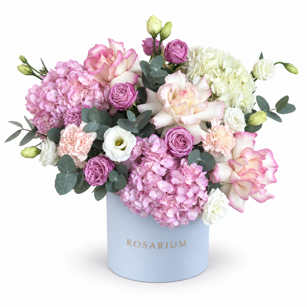 Lilac Royalty: pink and white hydrangea, lilac roses and cream flowers in a blue Rosarium flower box