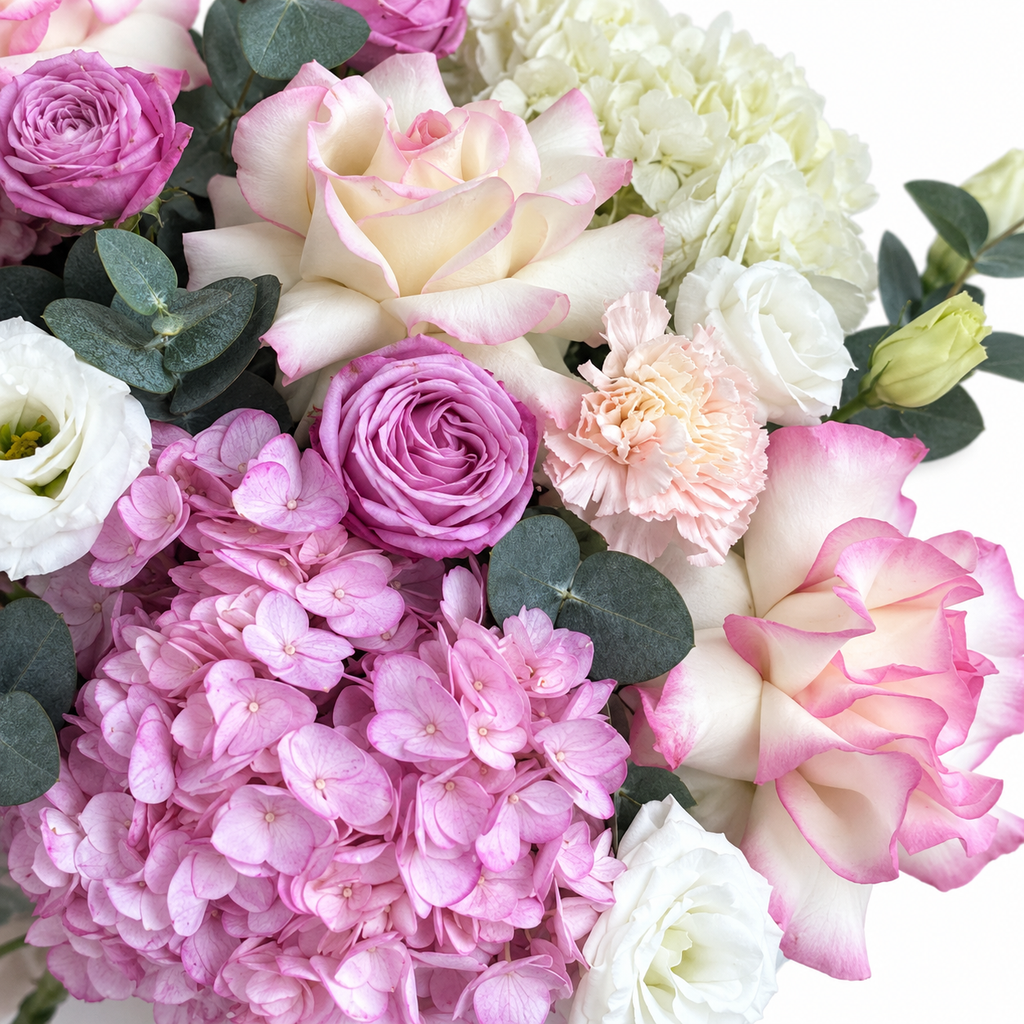 Lilac Royalty: close-up of pink and white hydrangea, lilac roses and cream flowers