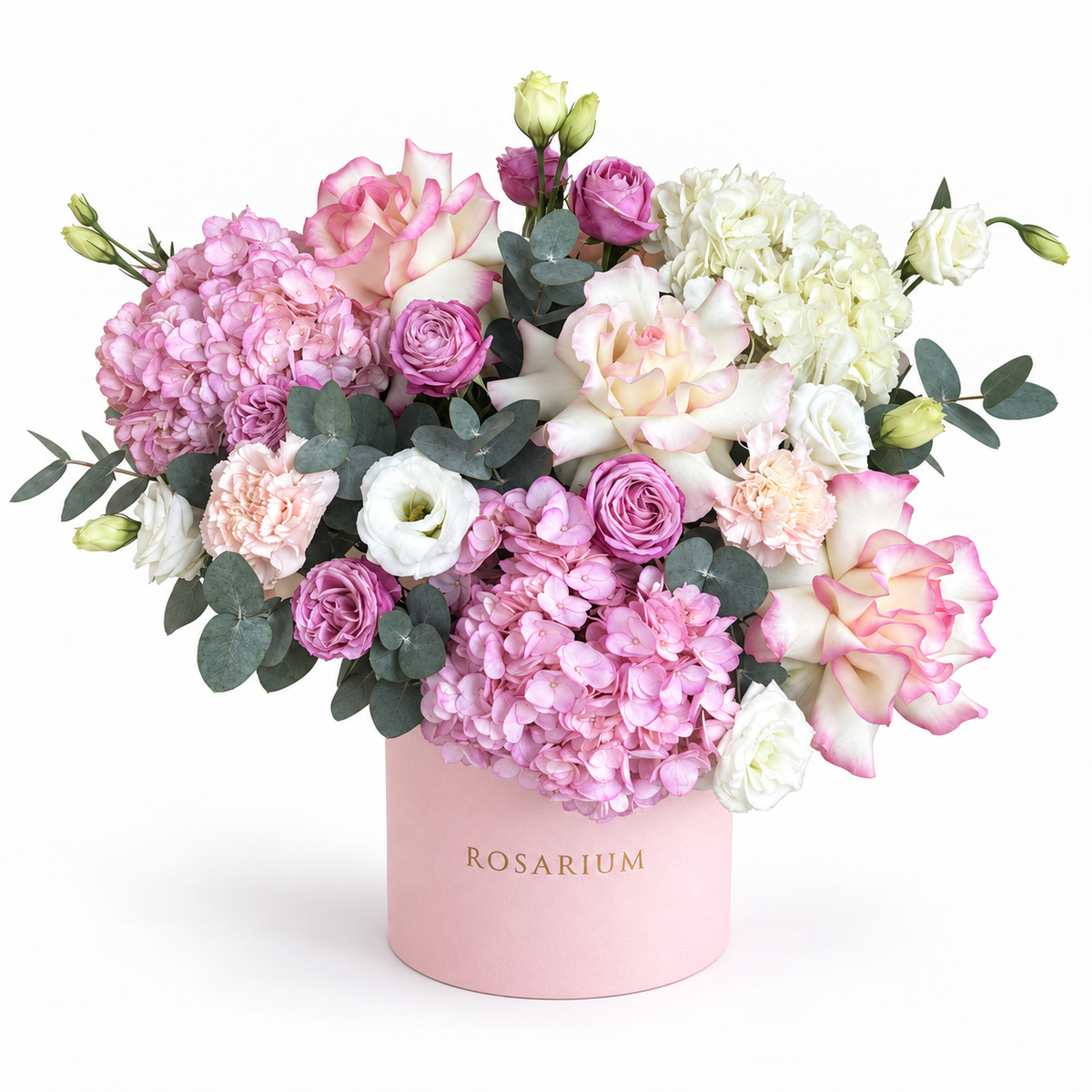 Lilac Royalty: pink and white hydrangea, lilac roses and cream flowers in a light pink Rosarium flower box