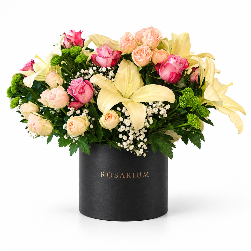 Lily Meadow: yellow lilies, pink and cream roses and greenery in a black Rosarium flower box