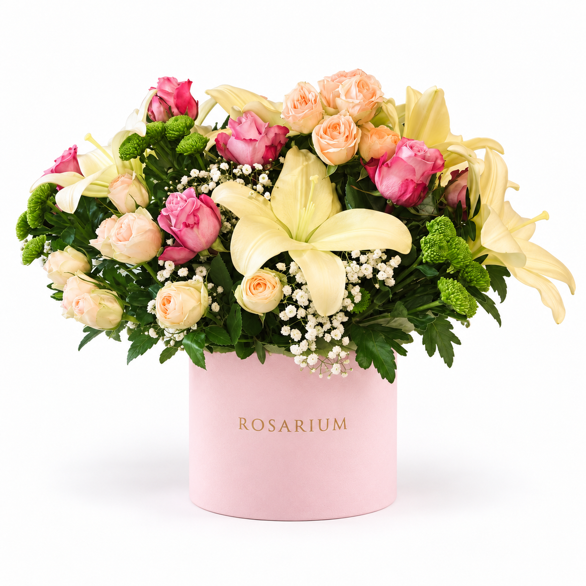 Lily Meadow: yellow lilies, pink and cream roses and greenery in a light pink Rosarium flower box