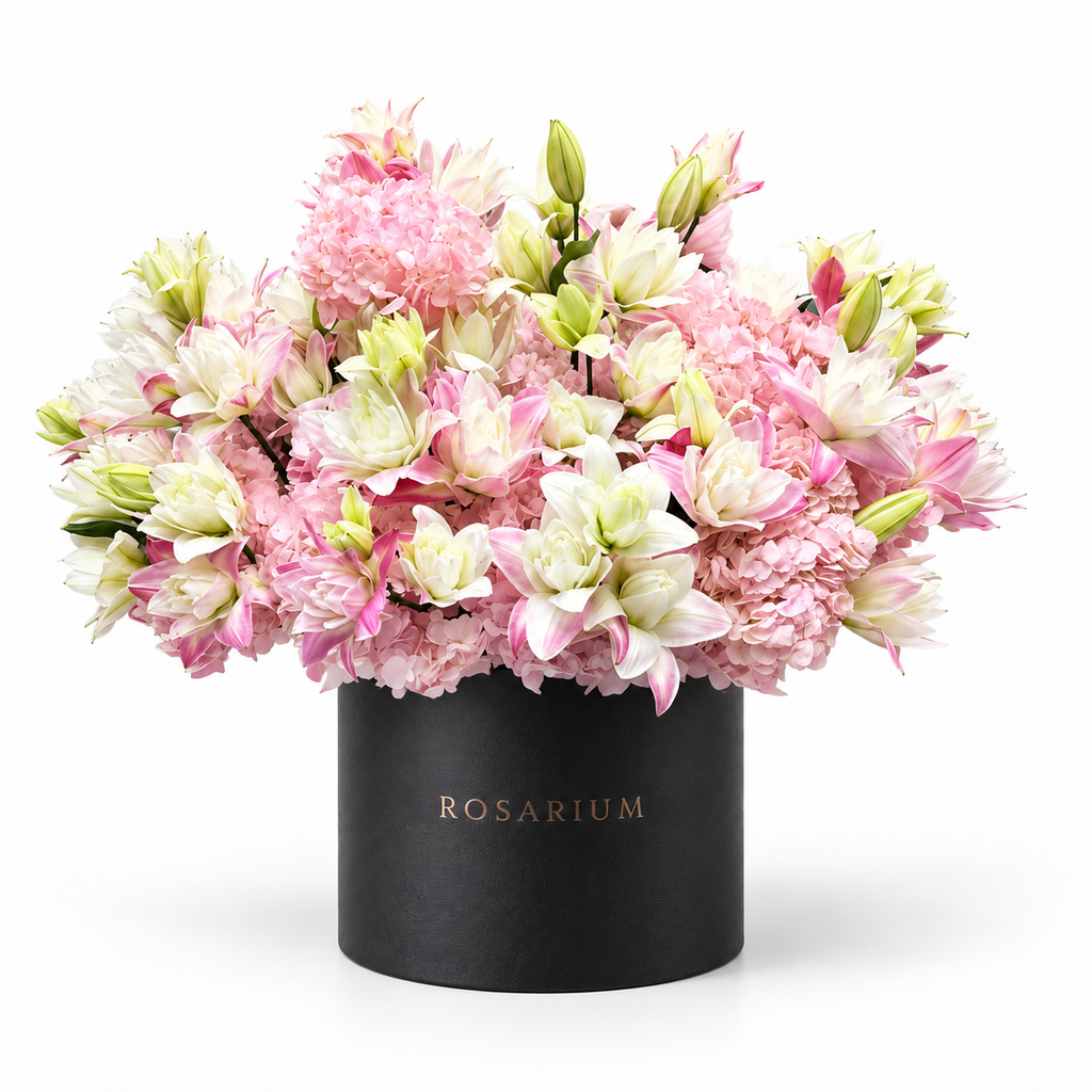 Lily Royalty: pink lilies, roses and hydrangea in a black Rosarium flower box