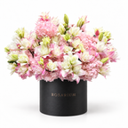 Lily Royalty: pink lilies, roses and hydrangea in a black Rosarium flower box
