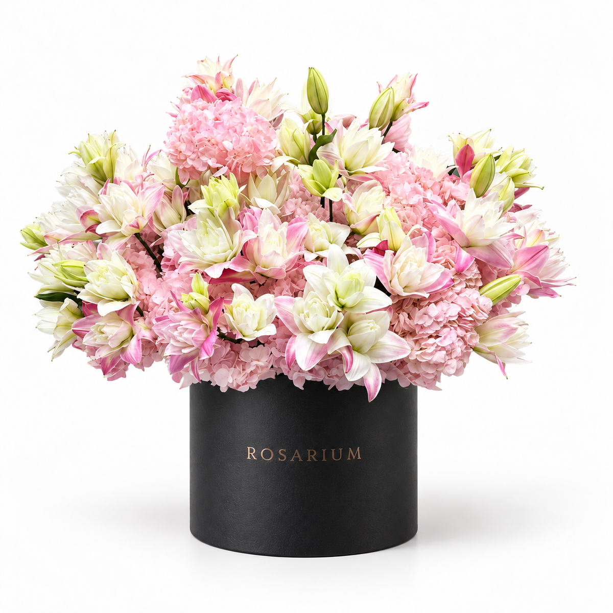 Lily Royalty: pink lilies, roses and hydrangea in a black Rosarium flower box