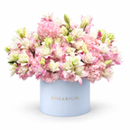 Lily Royalty: pink lilies, roses and hydrangea in a blue Rosarium flower box