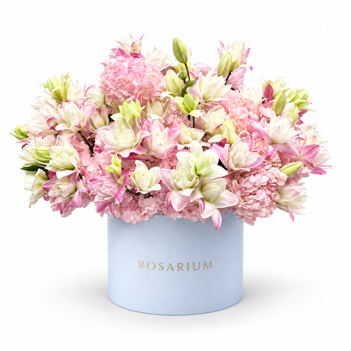 Lily Royalty: pink lilies, roses and hydrangea in a blue Rosarium flower box
