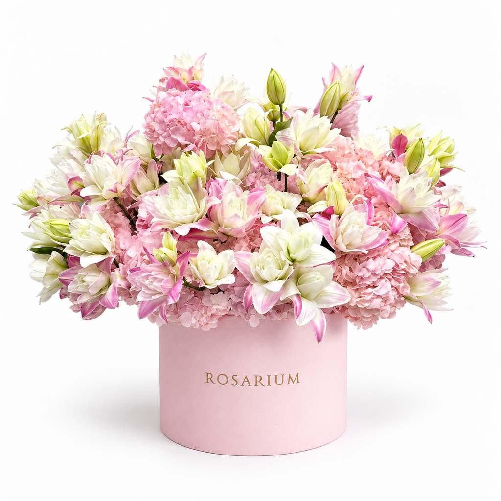 Lily Royalty: pink lilies, roses and hydrangea in a light pink Rosarium flower box