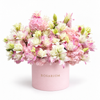 Lily Royalty: pink lilies, roses and hydrangea in a light pink Rosarium flower box