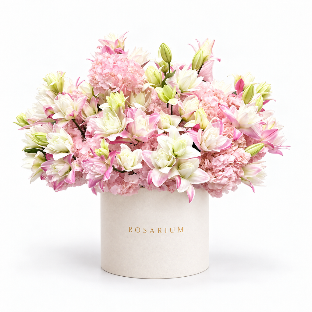 Lily Royalty: pink lilies, roses and hydrangea in an off-white Rosarium flower box