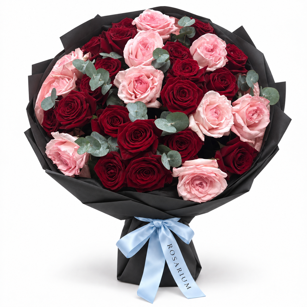 Love, Softened: red and pink roses with eucalyptus in black wrapping