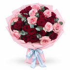 Love, Softened: red and pink roses with eucalyptus in light pink wrapping