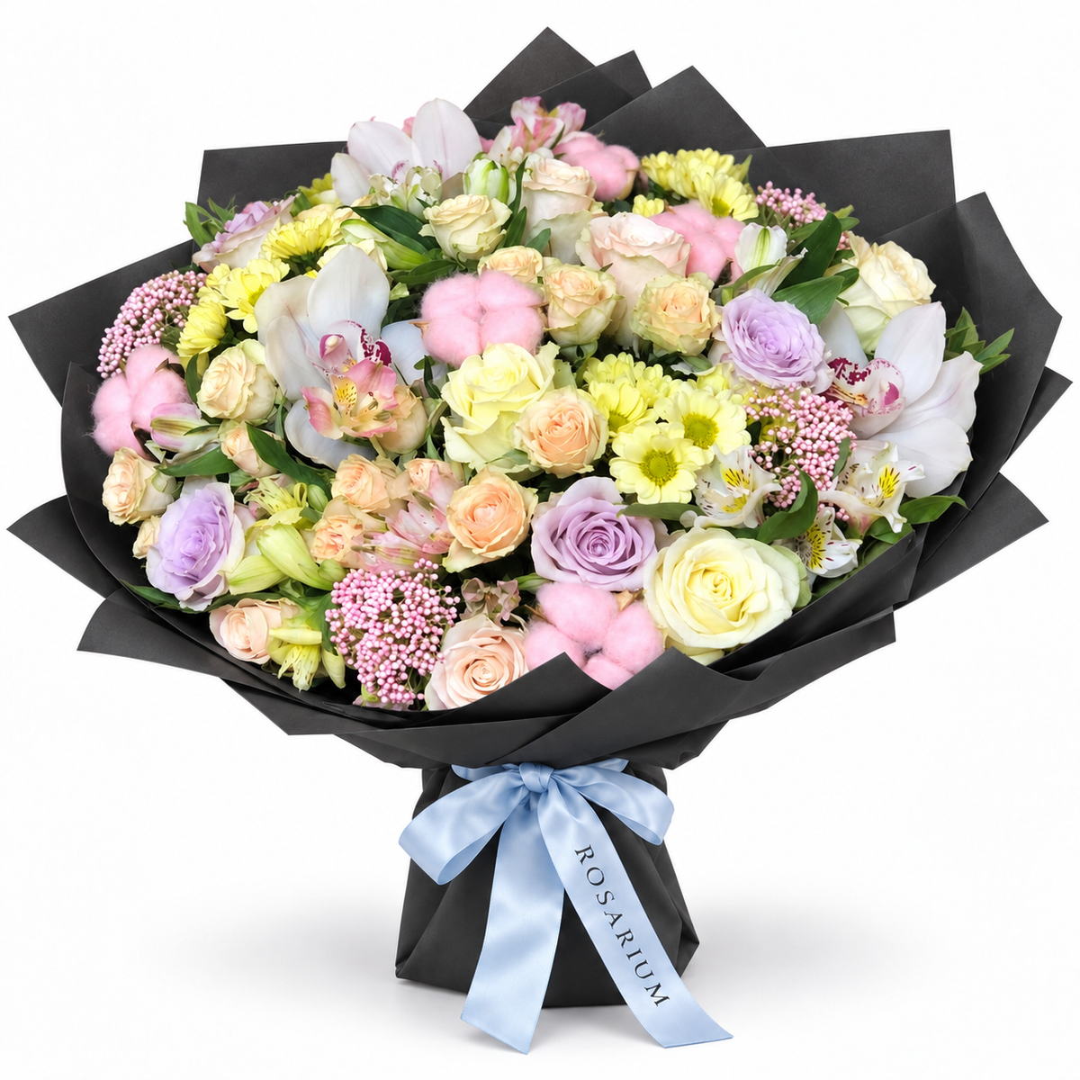 Marina in Colour: pastel roses, white orchids and small yellow flowers in black wrapping
