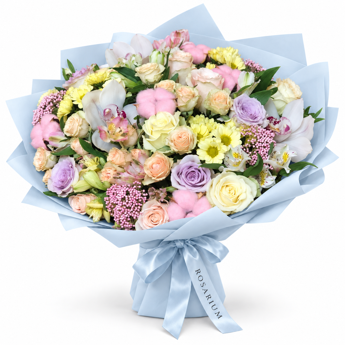 Marina in Colour: pastel roses, white orchids and small yellow flowers in blue wrapping
