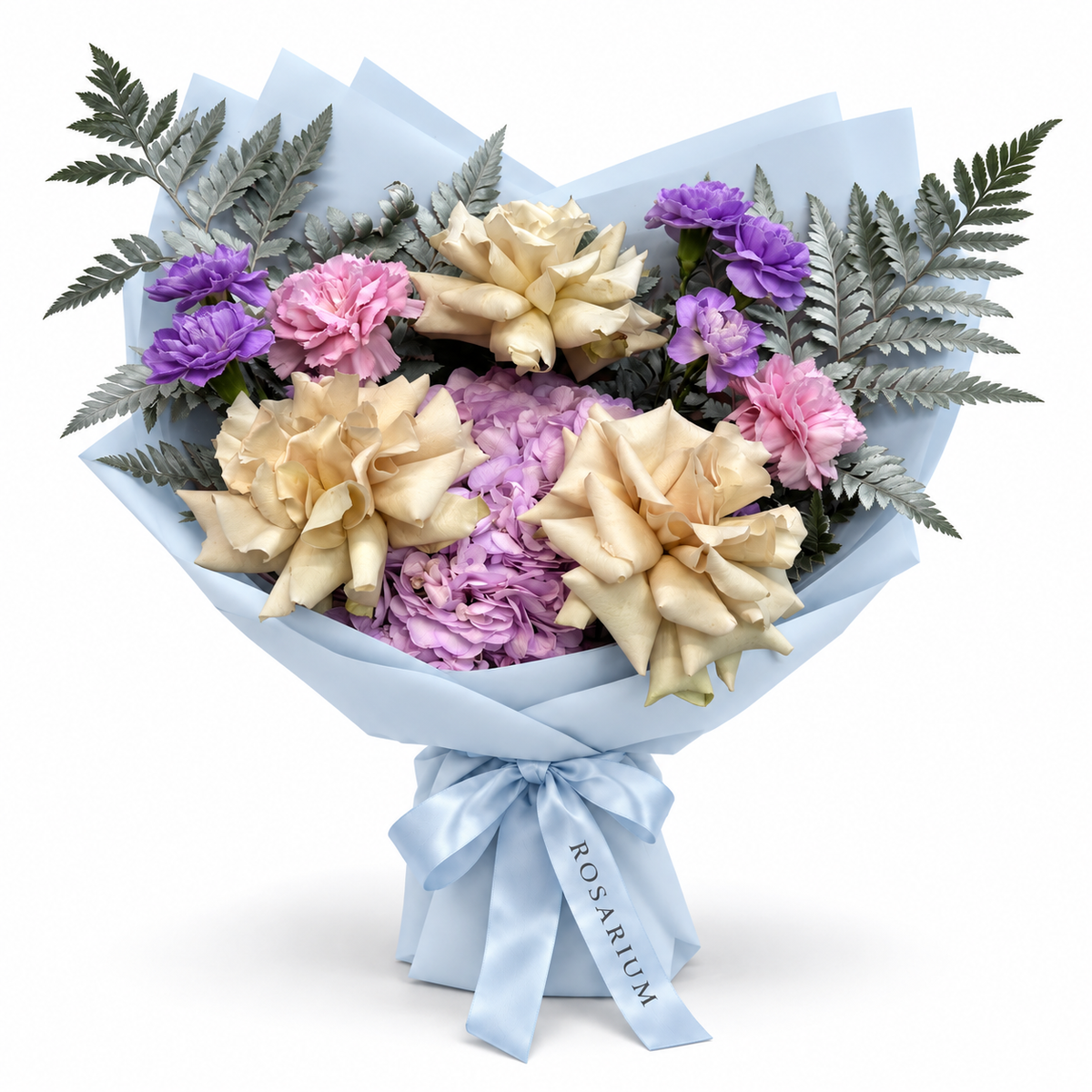 Ocean Hush: muted roses, lilac hydrangea and pink carnations in blue wrapping