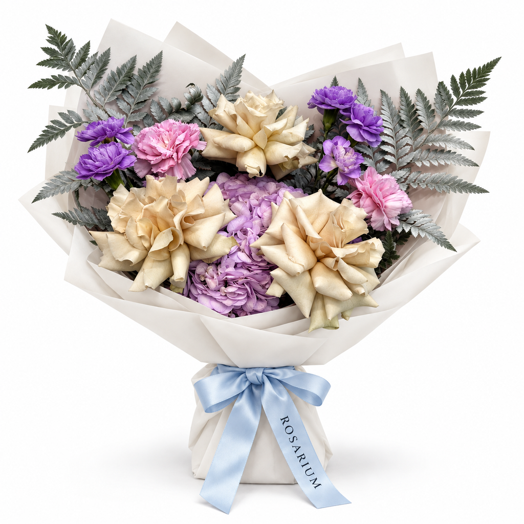 Ocean Hush: muted roses, lilac hydrangea and pink carnations in off-white wrapping