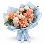 Peach in Bloom: peach roses, pink ranunculus and white flowers in blue wrapping