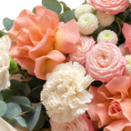 Peach in Bloom: close-up of peach roses, pink ranunculus and white flowers