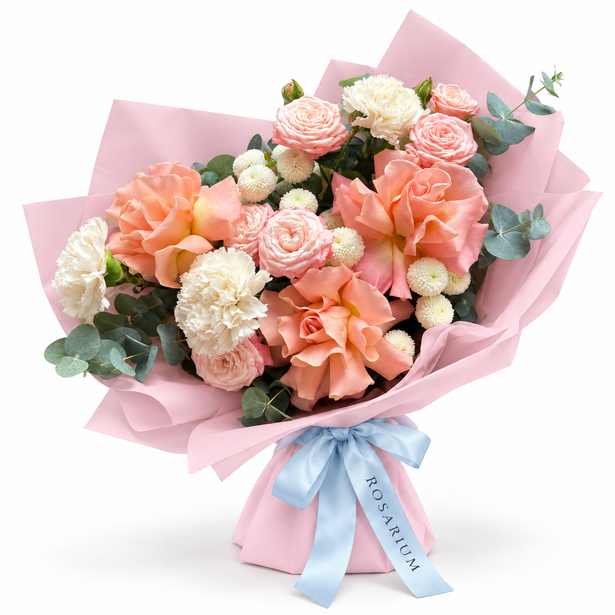 Peach in Bloom: peach roses, pink ranunculus and white flowers in light pink wrapping