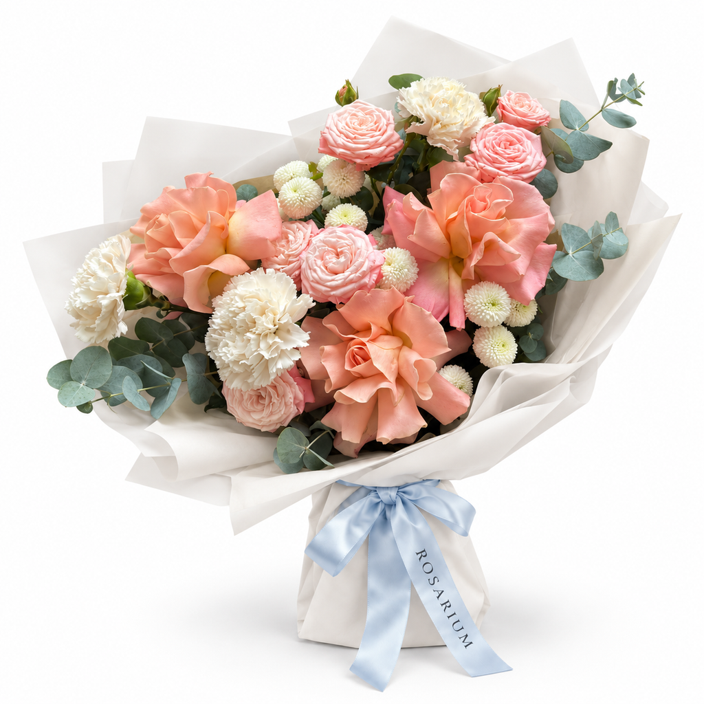 Peach in Bloom: peach roses, pink ranunculus and white flowers in off-white wrapping