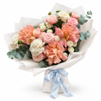 Peach in Bloom: peach roses, pink ranunculus and white flowers in off-white wrapping