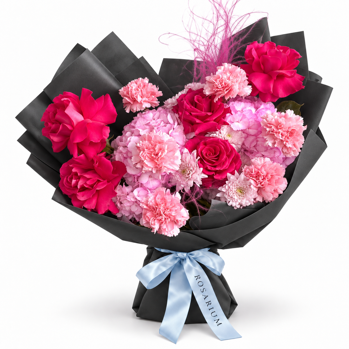 Raspberry Rush: fuchsia roses, pink hydrangea and pink carnations in black wrapping