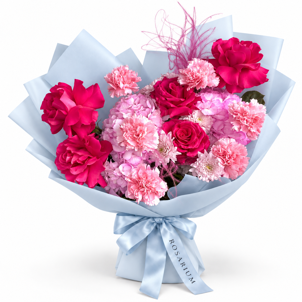 Raspberry Rush: fuchsia roses, pink hydrangea and pink carnations in blue wrapping